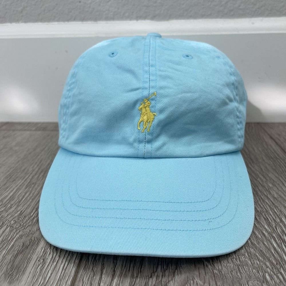 Vintage Polo Ralph Lauren Blue Adjustable Baseball Cap Aqua Yellow Pony Logo